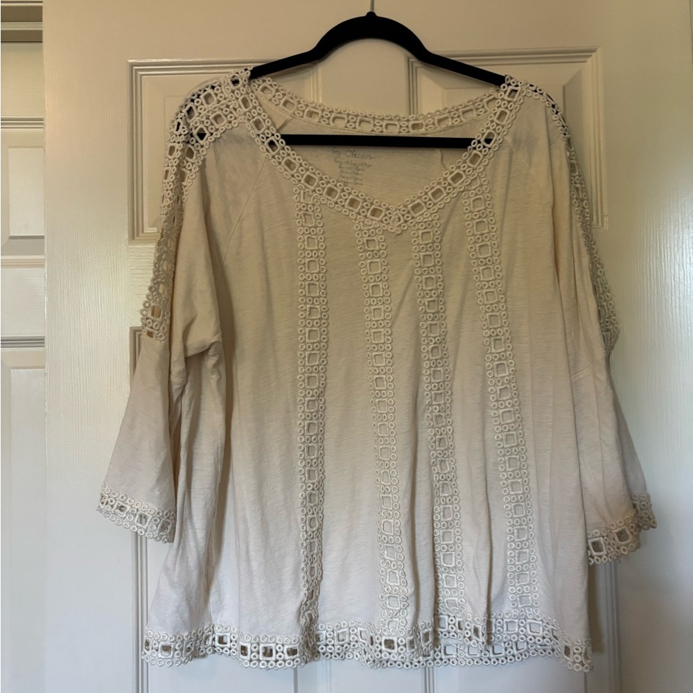 Chicos Crochet Trim Women's Top - Cream size 3